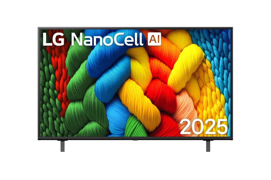 LG 55-tolline LG NanoCell AI NANO80 4K nutiteler 2025, NanoCell TV teleri esivaade, ülanurgas on LG NanoCell Al logo. LG NanoCell NANO80 TV teler maalib v?rvikirevaid tekstuure., 55NANO81A3A