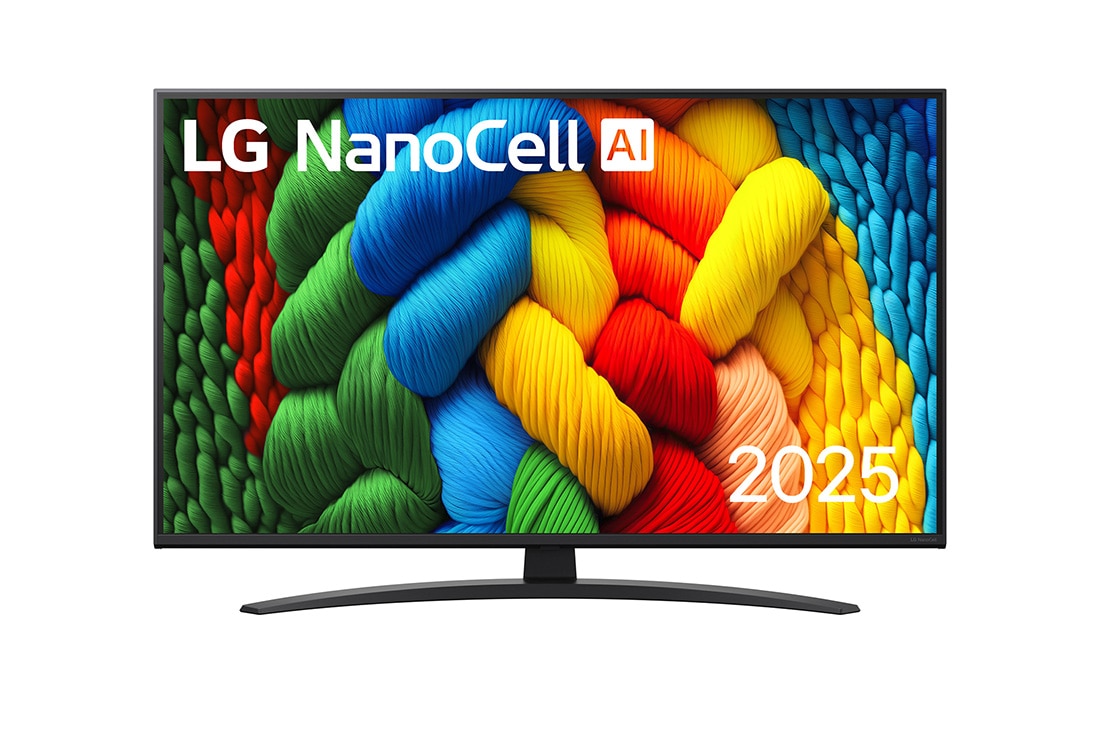 LG 43-tolline LG NanoCell AI 4K nuti TV NANO81 2025, NanoCell TV teleri esivaade, ülanurgas on LG NanoCell Al logo. LG NanoCell NANO80 TV teler maalib v?rvikirevaid tekstuure., 43NANO81A3A