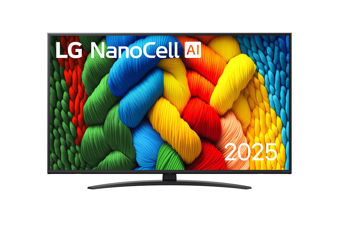 LG 50-tolline LG NanoCell AI 4K nuti TV NANO81 2025, NanoCell TV teleri esivaade, ülanurgas on LG NanoCell Al logo. LG NanoCell NANO80 TV teler maalib v?rvikirevaid tekstuure., 50NANO81A3A