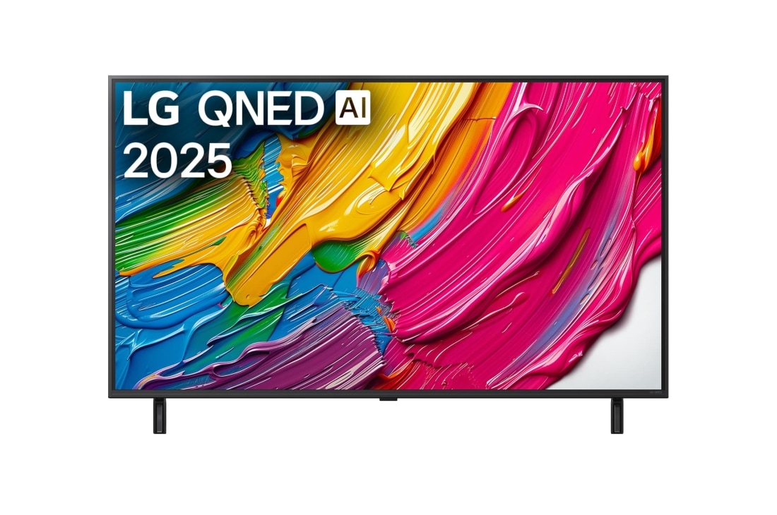 LG 50-tolline LG QNED AI 4K nuti TV QNED80 2025, LG QNED80 TV teleri esivaade, ülanurgas on LG QNED Al logo. LG QNED TV teler maalib v?rvikirevaid tekstuure., 50QNED80A3A