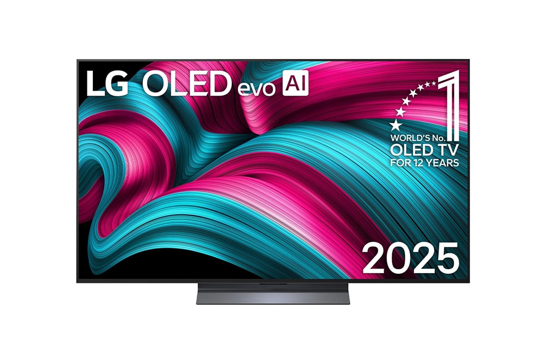 LG 55-tolline LG OLED evo AI C5 4K nuti TV OLED55C51 2025, LG OLED evo AI C5 4K nutiteleri esivaade. Ekraanil on ?12 aastat maailma nr. 1 OLED“ kirjaga embleem ja LG OLED evo AI 2025 logo., OLED55C51LA