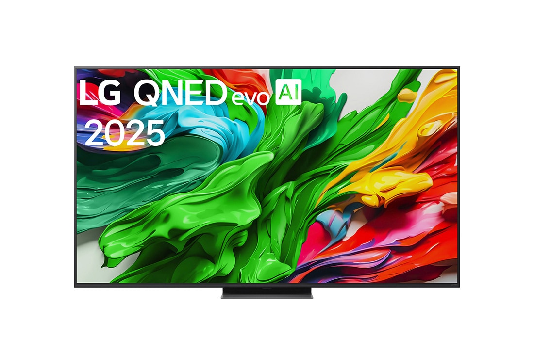LG 65-tolline LG QNED evo AI 4K nuti TV QNED86 2025, LG QNED evo QNED85 TV teleri esivaade, LG QNED evo AI Logo on ülanurgas. LG QNED evo QNED85 TV teler maalib v?rvikirevaid tekstuure., 65QNED86A3A
