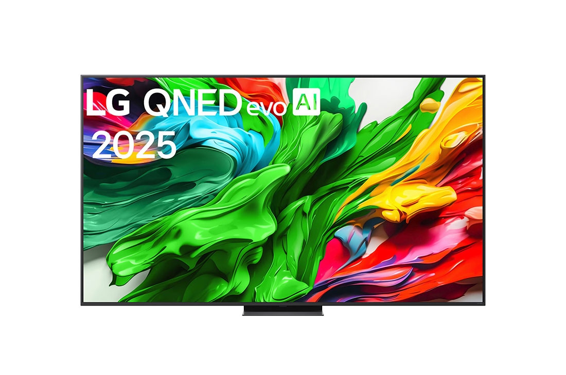 LG 86-tolline LG QNED evo AI MiniLED 4K nuti TV QNED86 2025, LG QNED evo QNED85 TV teleri esivaade, LG QNED evo AI Logo on ülanurgas. LG QNED evo QNED85 TV teler maalib v?rvikirevaid tekstuure., 86QNED86A3A