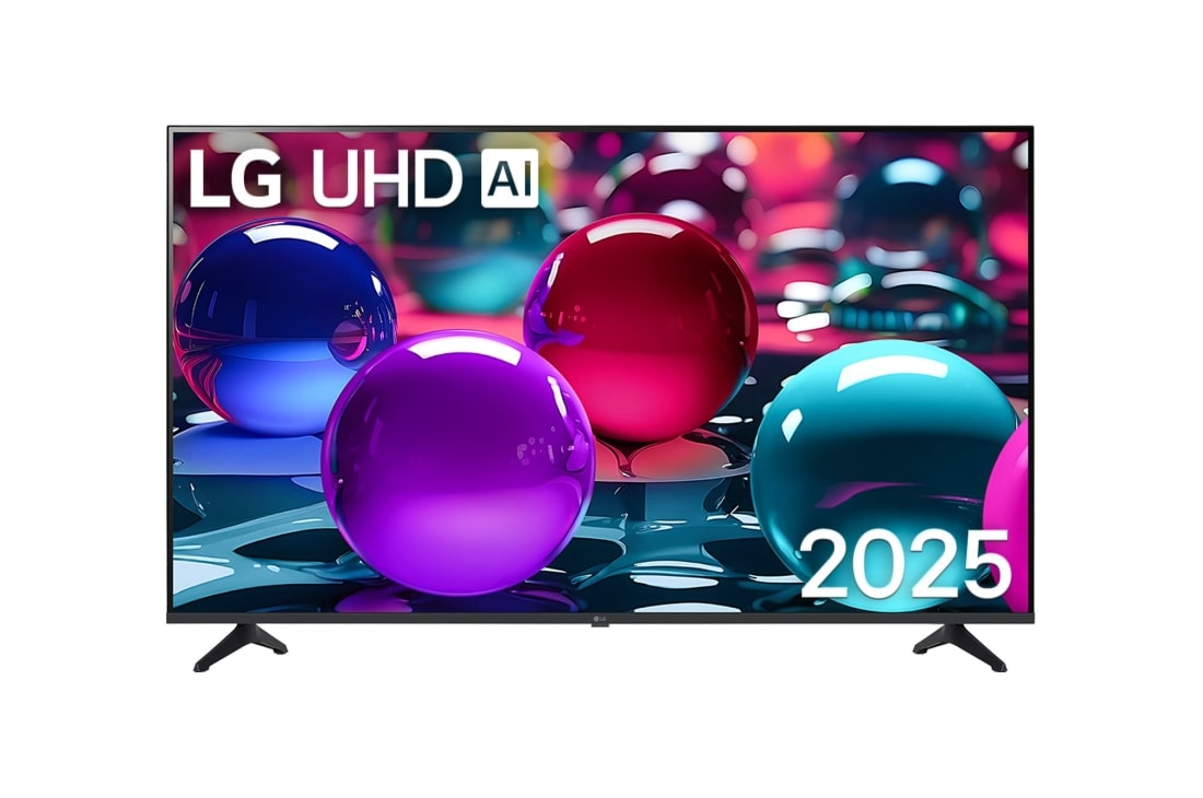 LG 65-tolline LG UHD AI UA73 4K nutiteler 2025, UHD UA73 TV teleri eestvaade, LG UHD AI logo ülanurgas. LG UHD TV teler maalib v?rvikirevaid tekstuure., 65UA73003LA