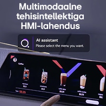 Kasutaja suhtleb multimodaalse tehisintellektiga HMI-lahendusega puutetundliku liidesega, valides kohvimenüüd tehisintellektiga assistendi viiba abil