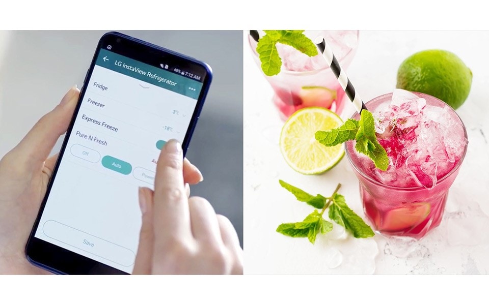 An image of LG Smart ThinQ app which can activate Express Freeze function of LG InstaView Door-in-Door? in order to make a summer cocktail cool in short time.