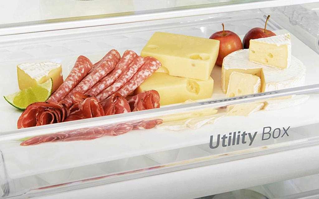 An image of cheese, jamón, and salami which can be freshly stored in utility box of LG InstaView Door-in-Door? refrigerator.