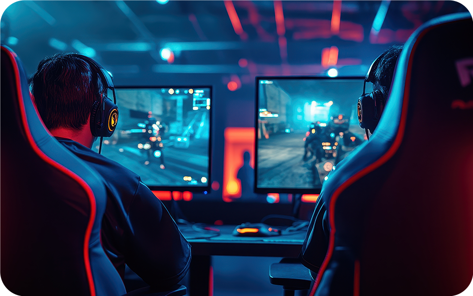 Kaks kõrvaklappidega meest mängivad tulistamismängu ning esitlevad 144Hz 4K mängumonitore ja 240Hz 4K mängumonitore.