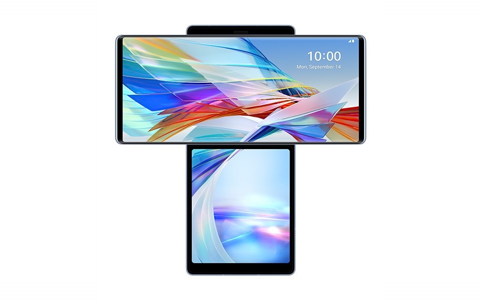 The lock screen of the LG WING in swivel mode