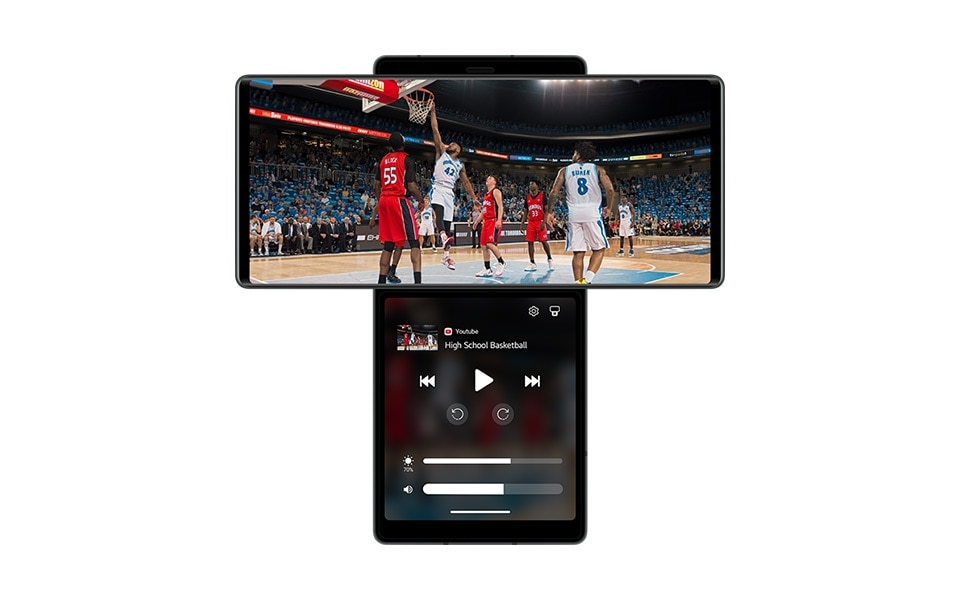 The LG WING offers a full-screen to watch YouTube content and a separate screen that acts as a remote control