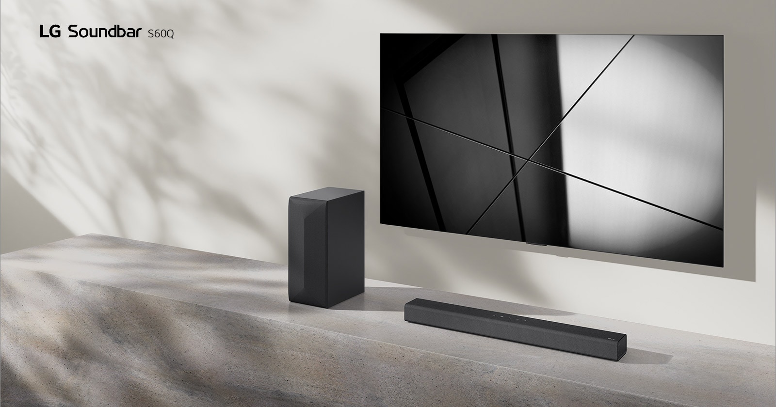 LG sound bar S40Q ja LG TV on sijoitettu olohuoneeseen yhdess?. Televisio on p??ll? ja n?ytt?? geometrisen kuvan.