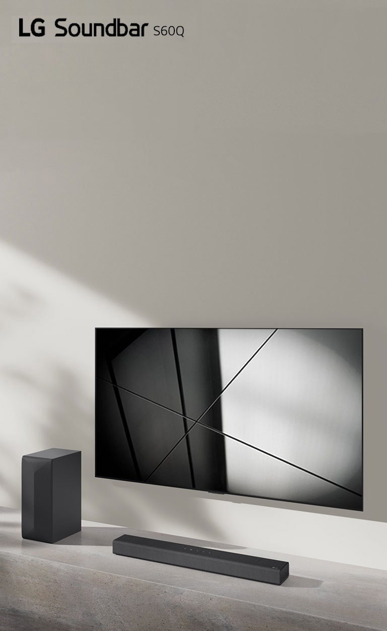 LG sound bar S40Q ja LG TV on sijoitettu olohuoneeseen yhdess?. Televisio on p??ll? ja n?ytt?? geometrisen kuvan.