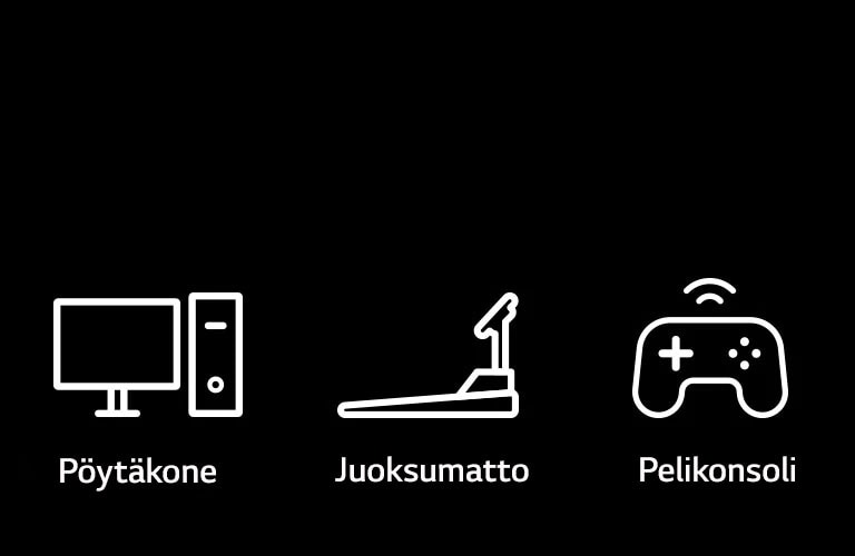 Piktogrammikuvat p?yt?tietokoneesta, juoksumatosta ja pelikonsolista. Ne edustavat latteita, joissa Plug & Wireless -toimintoja voi k?ytt??.