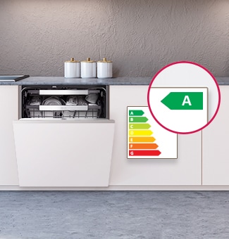 Integroitu astianpesukone osittain avatulla luukulla ja A-luokan energiatehokkuusmerkinn?ll?.