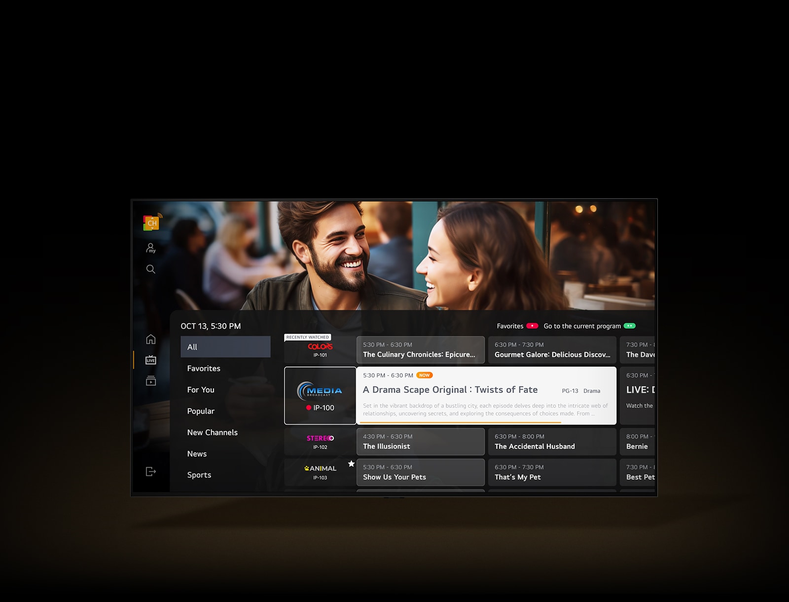 LG TV -televisio, jossa television aikataulu n?kyy k?ynniss? olevan ohjelman p??ll?. 