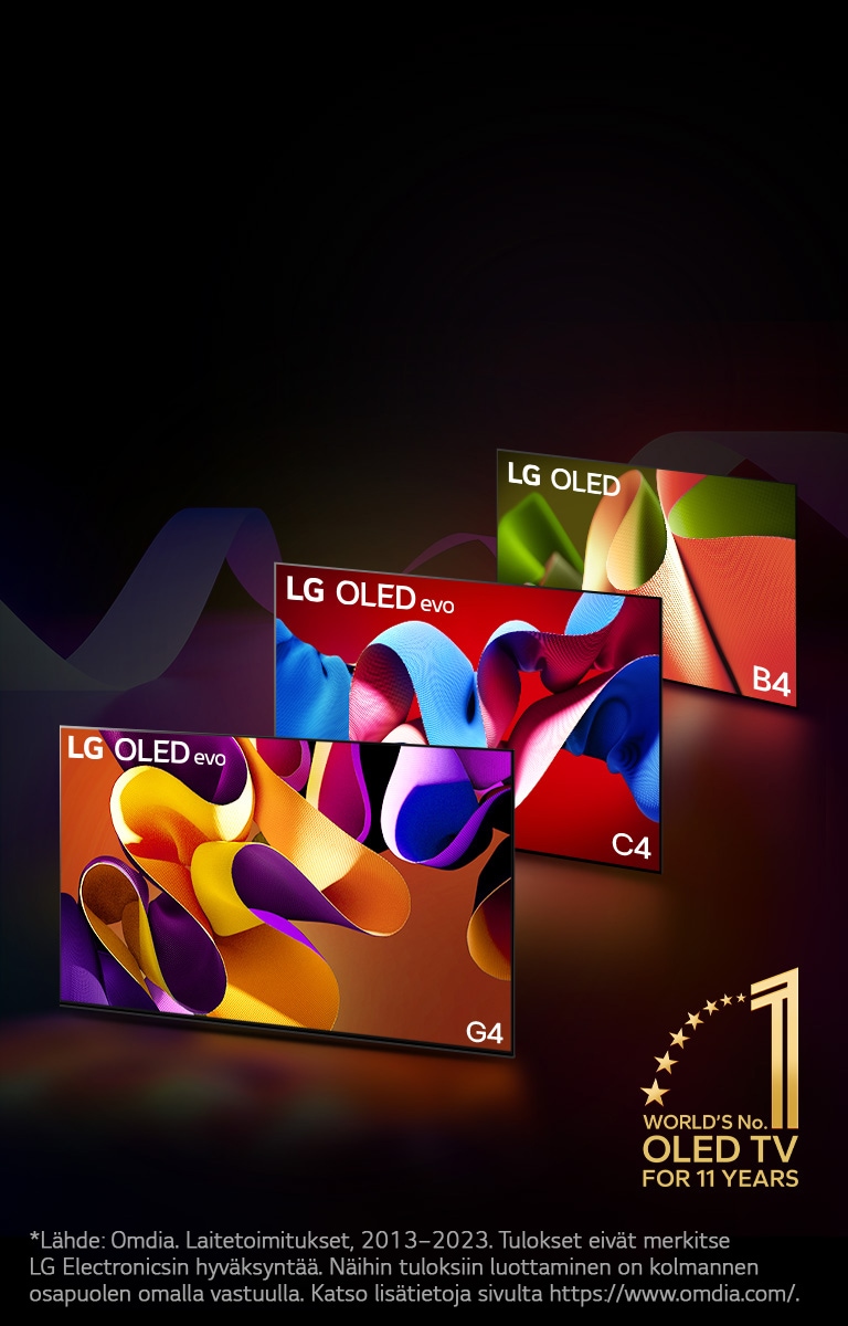 LG OLED evo TV C4, evo G4 ja B4 seisovat riviss? mustaa taustaa vasten, jossa on hienovaraisia v?ripy?rteit?. Kuvassa on "World's number 1 OLED TV for 11 Years" (Maailman numero 1 OLED-televisio 11 vuoden ajan) -tunnus.  Vastuuvapauslausekkeessa lukee: ”L?hde: Omdia. Laitetoimitukset, 2013–2023. Tulokset eiv?t merkitse LG Electronicsin hyv?ksynt??. N?ihin tuloksiin luottaminen on kolmannen osapuolen omalla vastuulla. Katso lis?tietoja sivulta https://www.omdia.com/.”