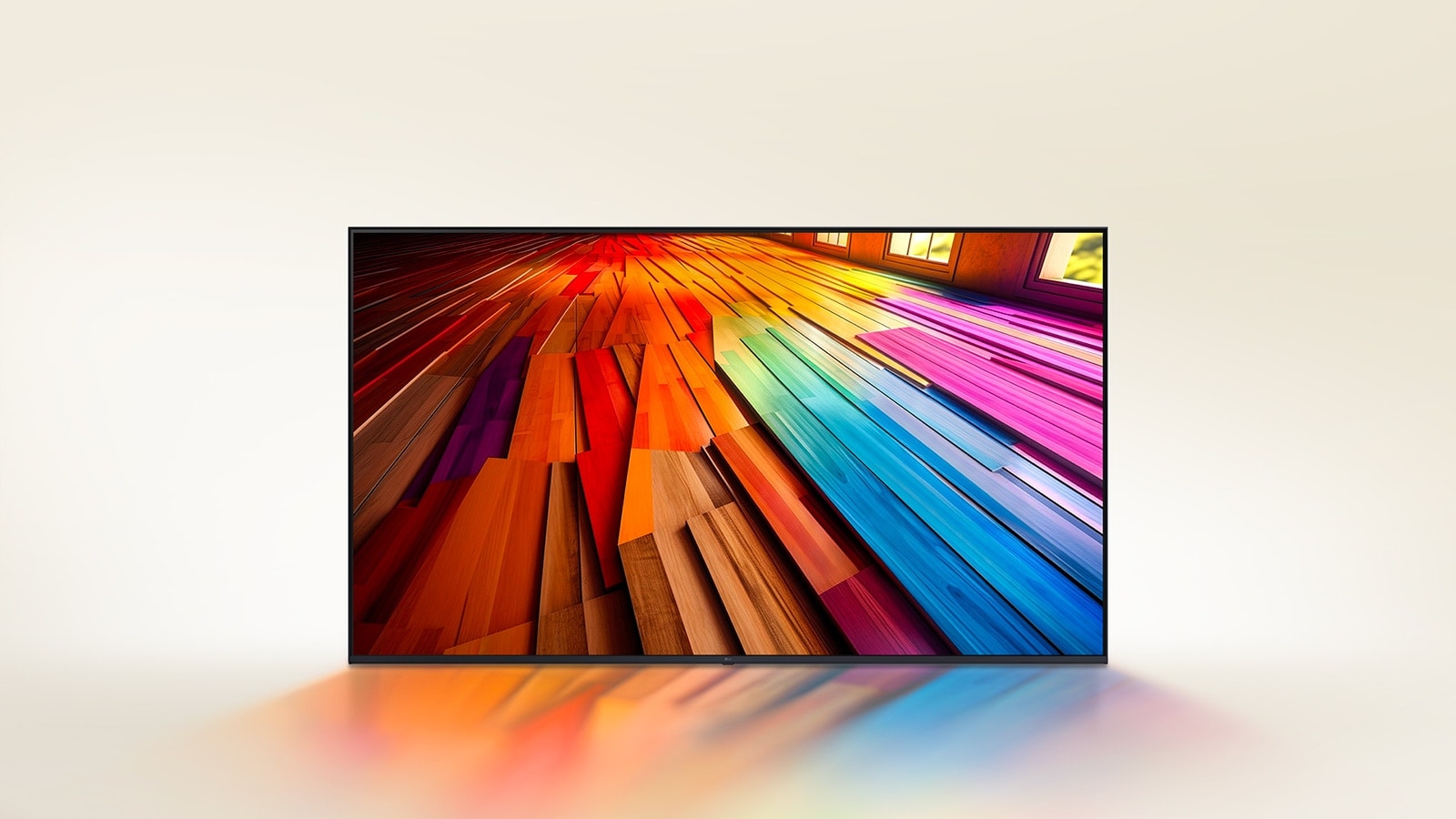 Eloisan v?rinen pitk? puulattia n?kyy LG UHD -televisiossa.