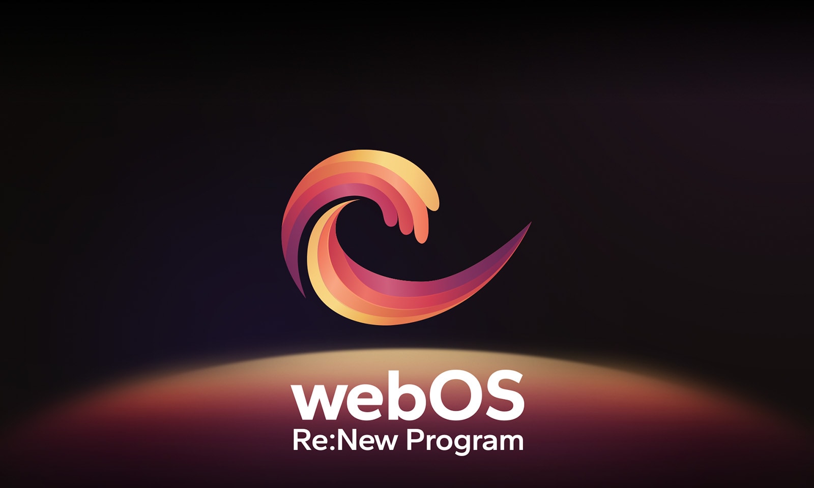 WebOS-logo leijuu keskell? mustalla pohjalla, ja alla oleva tila on valaistu logon v?reill? punainen, oranssi ja keltainen. Logon alla on teksti "webOS Re:New Program".