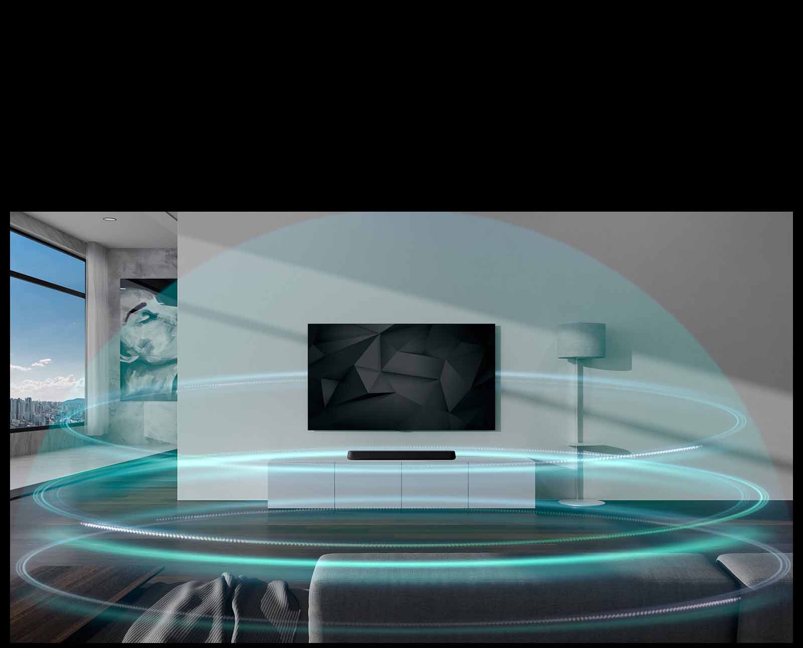Siniset, kupolin muotoiset, kolmitasoiset ??niaallot peitt?v?t olohuoneen sein?lle ripustetun ??nipalkin ja television.