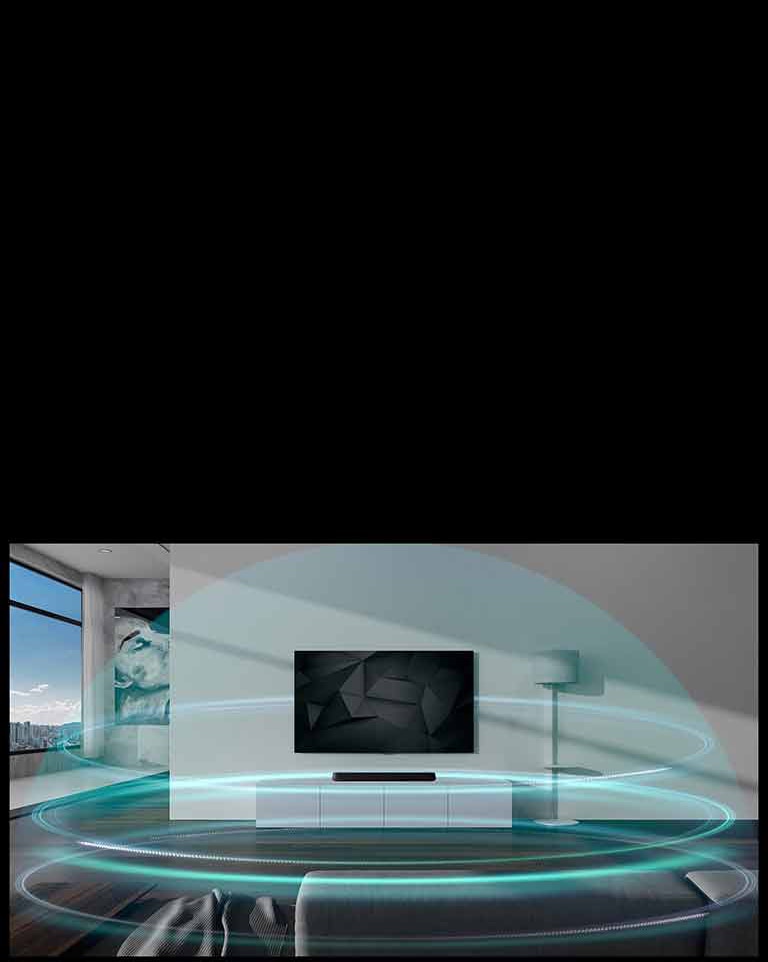 Siniset, kupolin muotoiset, kolmitasoiset ??niaallot peitt?v?t olohuoneen sein?lle ripustetun ??nipalkin ja television.