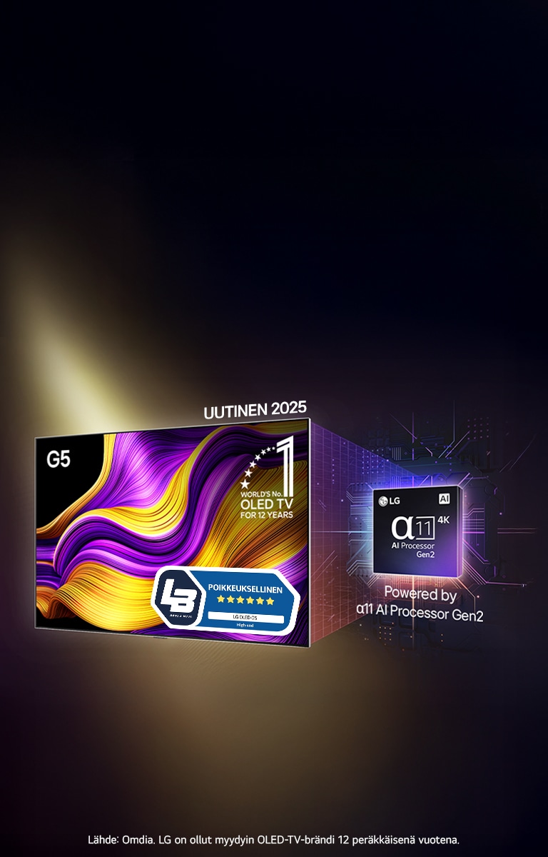 Kuva G5 OLED evo -televisiosta, jossa suuri prosessorisirun kuva ja teksti – toimii a11 AI -suoritin Gen2:lla Televisioon on merkitty teksti "Maailman ykk?nen OLED-televisioissa jo 12 vuoden ajan"Television yl?puolella on suuri otsikko: Uusi 2025. Otsikossa lukee: Paras muuttui juuri paremmaksi