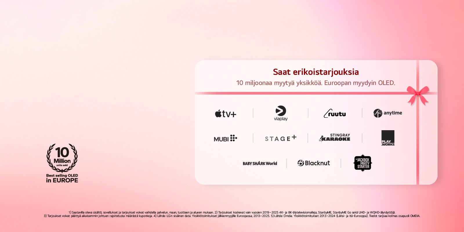 LG TV, jossa n?kyy webOS-aloitusn?ytt?, kulmassa taustaa vasten. Aloitusn?yt?ll? n?kyy selauskategorioita ja pys?ytyskuvia TV-sarjoista. LG Magic Remote -kaukos??din osoittaa televisiota.