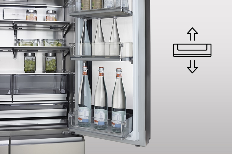 LG SIGNATURE -j??kaapin instaview-oven Door-in-Door-hyllyt on t?ytetty erikokoisilla pulloilla.