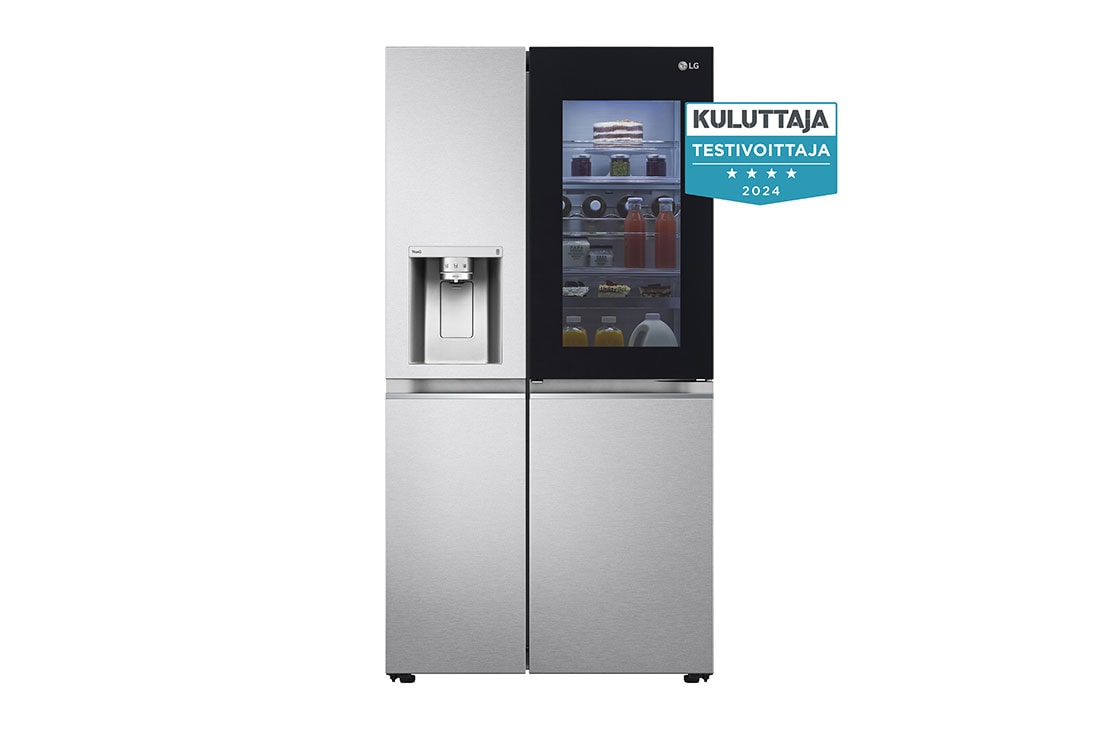 LG 635L InstaView Door in Door? Side by Side (Metal Sorbet), Energialuokka E, Vesi/j?? ilman vesijohtoliit?nt??, Smart Diagnosis? kanssa Wi-Fi, front view with light with award logo, GSXV91MBAE