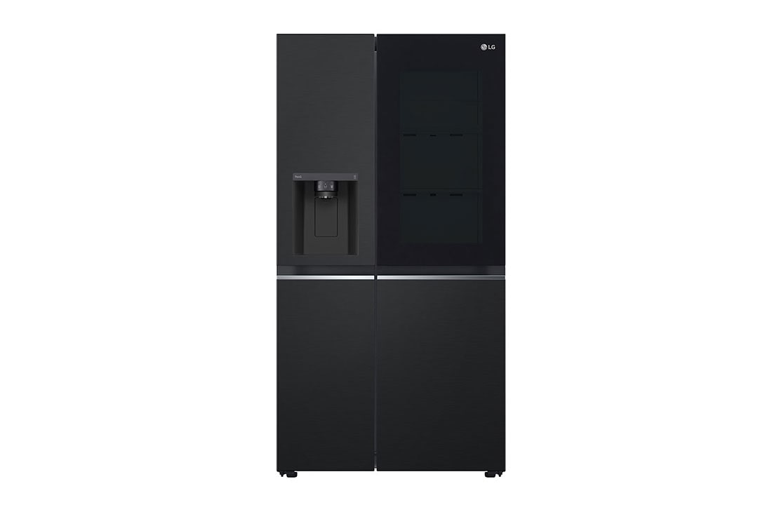 LG 635L InstaView? Side by Side (Matte Black), Energialuokka E, Vesi/j?? vesijohtoliit?nn?ll?, Smart Diagnosis? ja Wi-Fi, front view, GSGV81EPLL