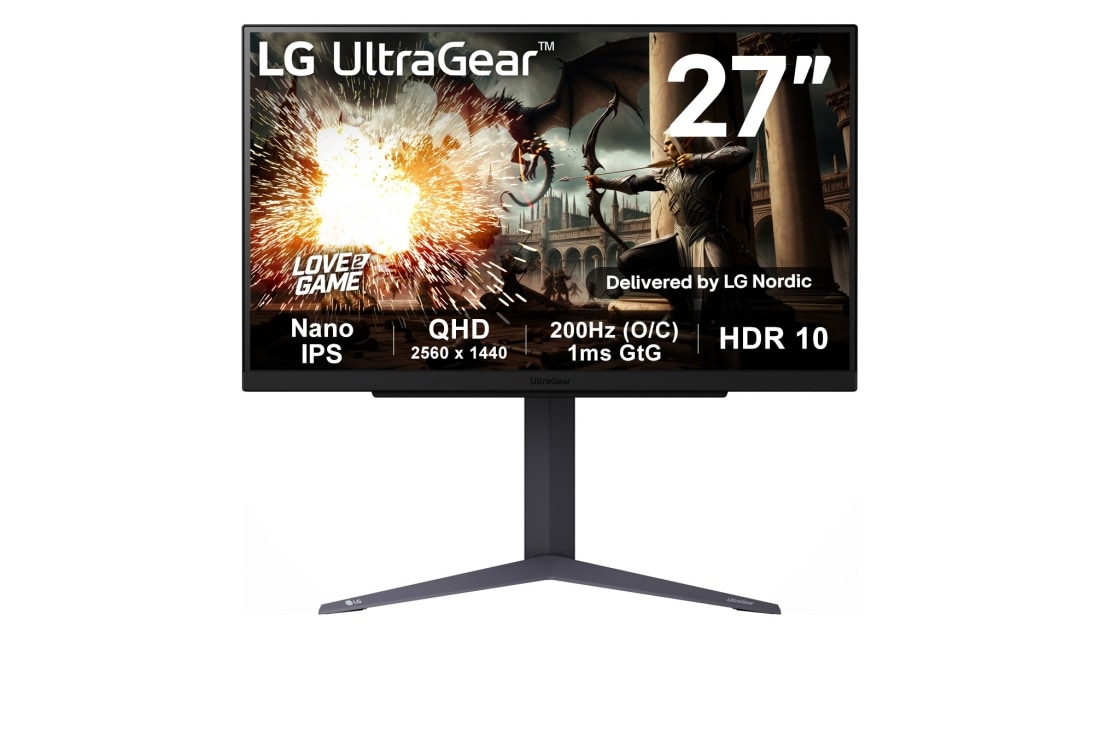 LG 27 tuuman QHD IPS 180Hz (O/C 200Hz) -pelin?ytt? | 1ms (GtG), HDR10, Front view, 27GS75Q-B