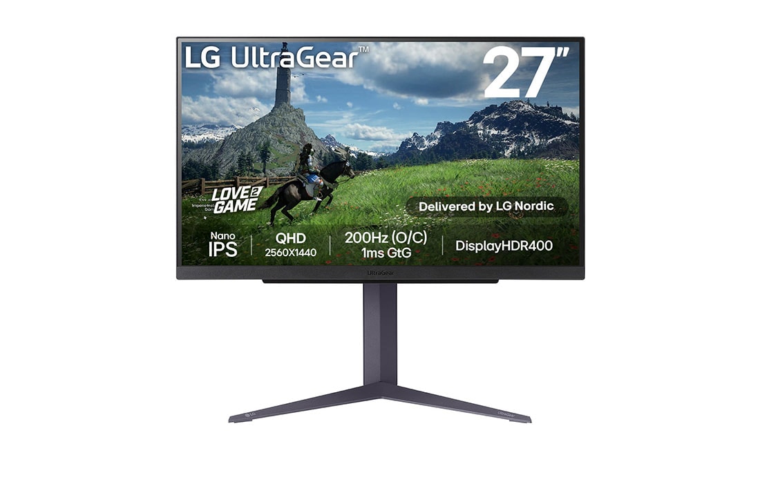 LG 27” UltraGear? QHD Nano IPS 180Hz (O/C 200 Hz) -pelin?ytt? | 1ms (GtG), DisplayHDR? 400, Front view, 27GS85Q-B
