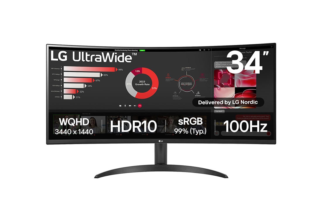 LG 34'' UltraWide? QHD+ Curved -n?ytt?, kuva edest?, 34WR50QK-B