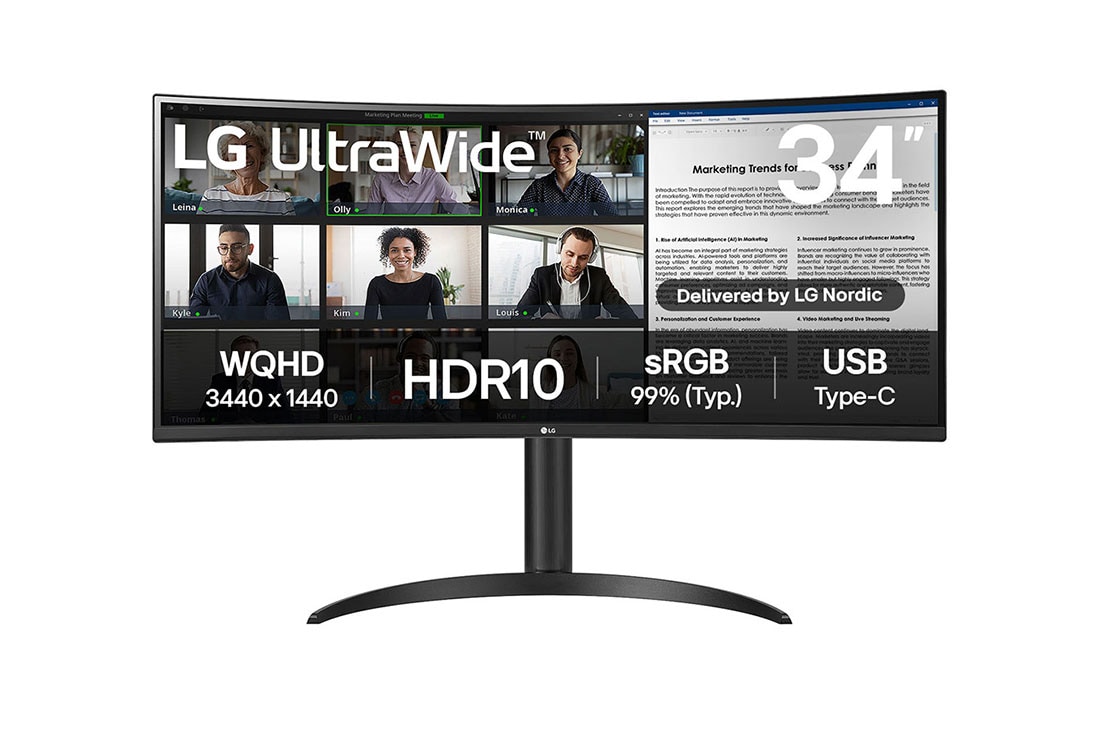 LG 34'' UltraWide QHD Curved -n?ytt?, jossa USB Type-C?, kuva edest?, 34WR55QK-B