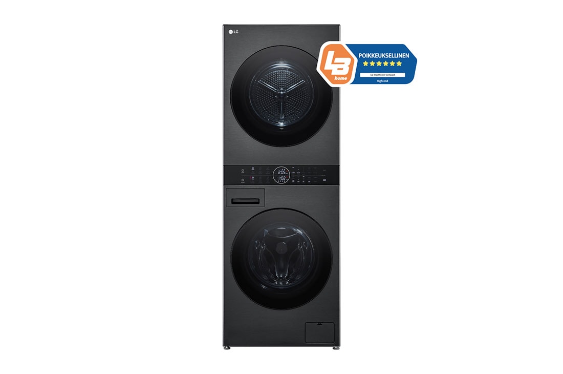 LG 12 kg / 10 kg WashTower(Musta) - Energialuokka  A/A+++, Steam, TurboWash?360, AI DD?, Dual Inverter Heatpump?, WT1210BBF_Front_LightOff, WT1210BBF