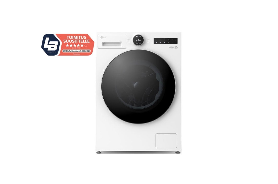 LG 11 kg Pyykinpesukone(Valkoinen) - Energialuokka A, LCD-paneelilla, TurboWash360?, AI DD?, Smart Diagnosis? kanssa Wi-Fi, front view, F4X7511TWS