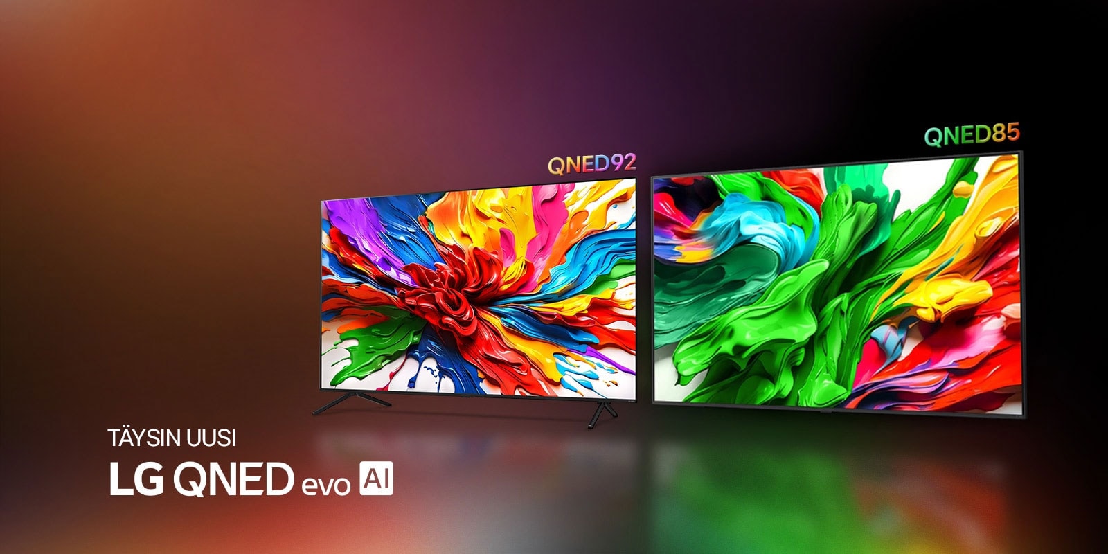 LG QNED92 TV ja LG QNED85 TV ovat rinnakkain. Niiden n?yt?ill? on v?rik?st? taidetta, joka korostaa LG QNEDin uutta eloisaa ja kirkasta v?rintoistoteknologiaa. T?YSIN UUSI LG QNED evo AI -logo on my?s n?kyvill?.
