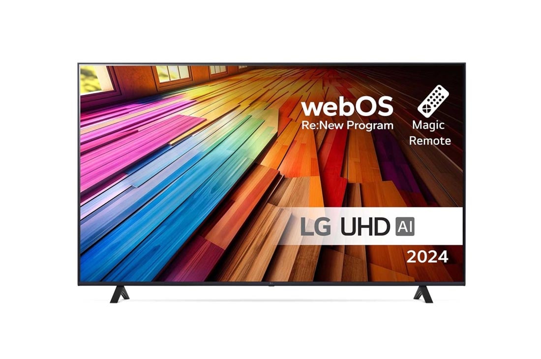 LG 75 tuuman LG UHD AI UT80 4K -Smart TV 2024, Edest? otettu kuva LG UHD TV, UT81 -televisiosta ja teksti LG UHD AI ThinQ, 2024 sek? webOS Re:New Program -logo n?yt?ll?, 75UT80006LA