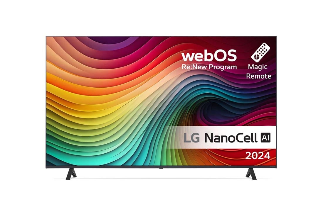 LG 65'' NANO 81 - NanoCell AI 4K Smart TV (2024), LG NanoCell TV:n etun?kym?, NANO81, jossa on teksti LG NanoCell, 2024, webOS Re:New Program -logo ja Magic Remote -kaukos??din n?yt?ll?, 65NANO81T6A