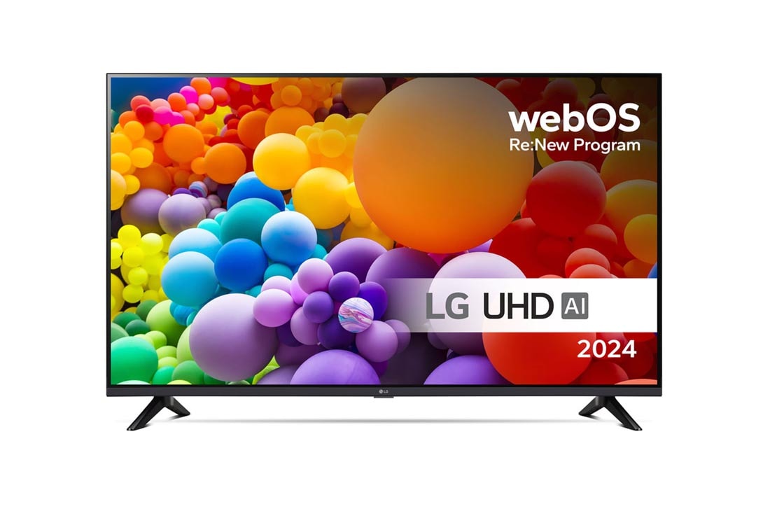 LG 65'' UHD AI UT73 - 4K TV (2024), Edest? otettu kuva LG UHD TV, UT73 -televisiosta ja teksti LG UHD AI ThinQ, 2024 sek? webOS Re:New Program -logo n?yt?ll?, 65UT73006LA