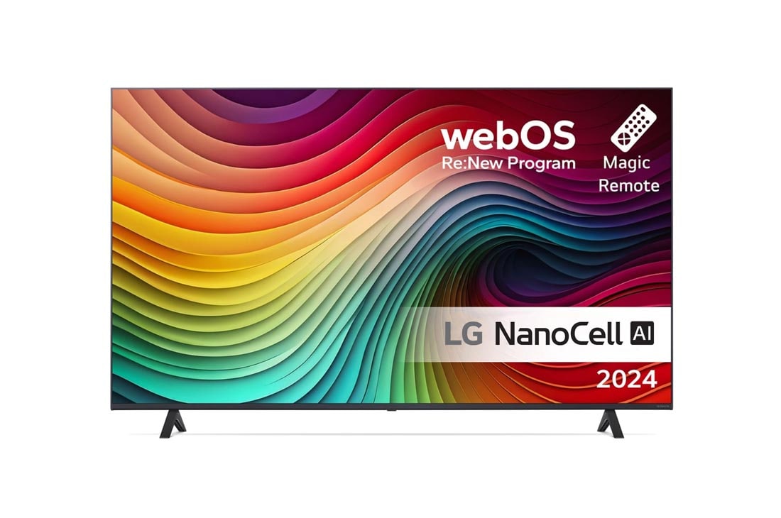 LG 50'' NANO 81 - NanoCell AI 4K Smart TV (2024), LG NanoCell TV:n etun?kym?, NANO81, jossa on teksti LG NanoCell, 2024, webOS Re:New Program -logo ja Magic Remote -kaukos??din n?yt?ll?, 50NANO81T6A