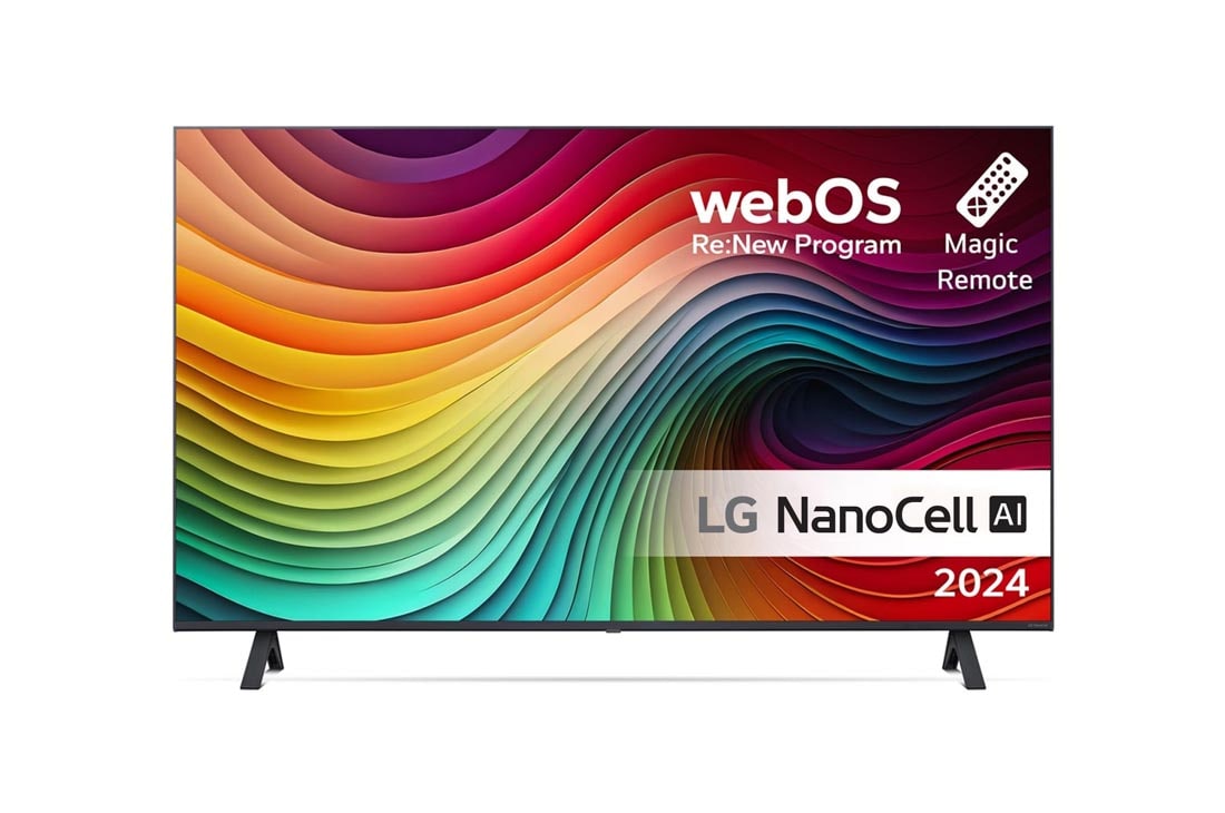 LG 43'' NANO 81 - NanoCell AI 4K Smart TV (2024), LG NanoCell TV:n etun?kym?, NANO81, jossa on teksti LG NanoCell, 2024, webOS Re:New Program -logo ja Magic Remote -kaukos??din n?yt?ll?, 43NANO81T6A