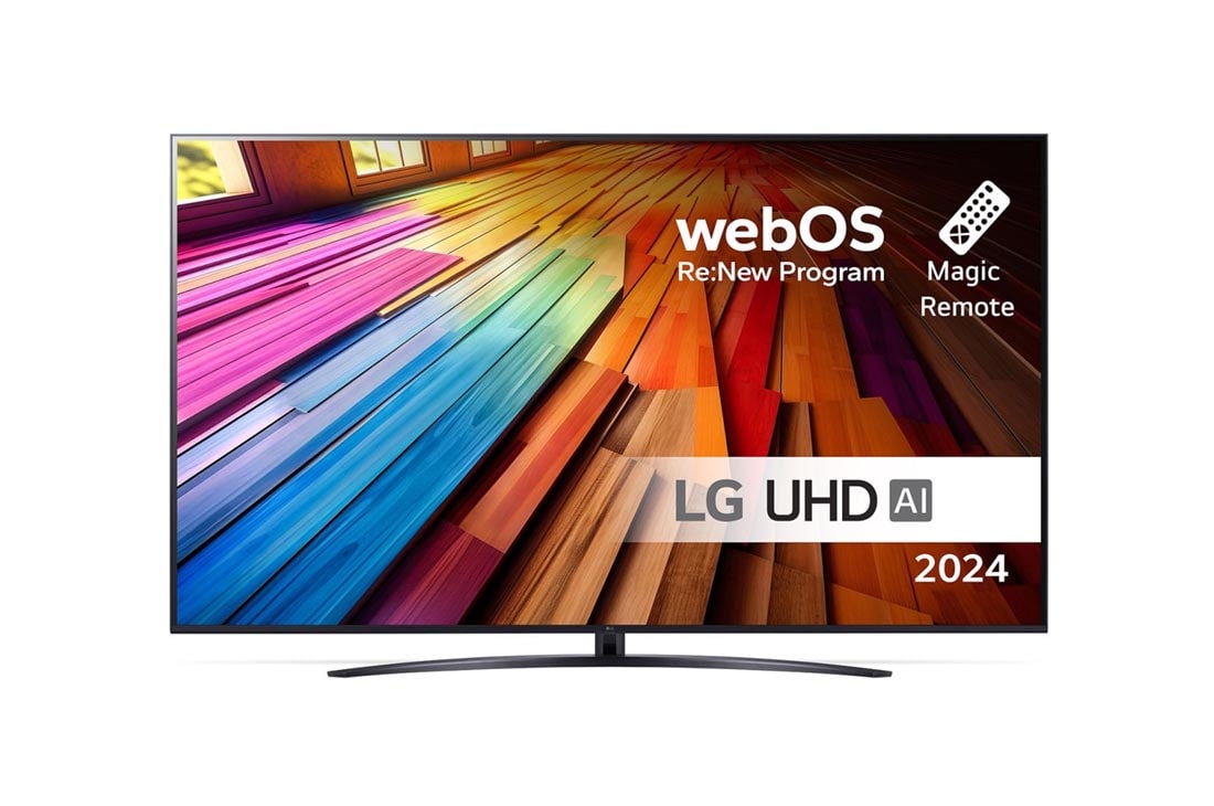 LG 86 tuuman LG UHD AI UT81 4K -Smart TV 2024, Edest? otettu kuva LG UHD TV, UT81 -televisiosta ja teksti LG UHD AI ThinQ, 2024 sek? webOS Re:New Program -logo n?yt?ll?, 86UT81006LA