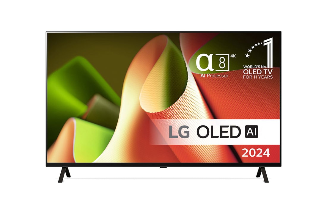 LG 55'' OLED AI B4 - 4K TV (2024), Edest?p?in katsottuna LG OLED TV, OLED B4, 11 Years of World Number 1 OLED Emblem ja alpha 8 4K AI processor logo., OLED55B46LA