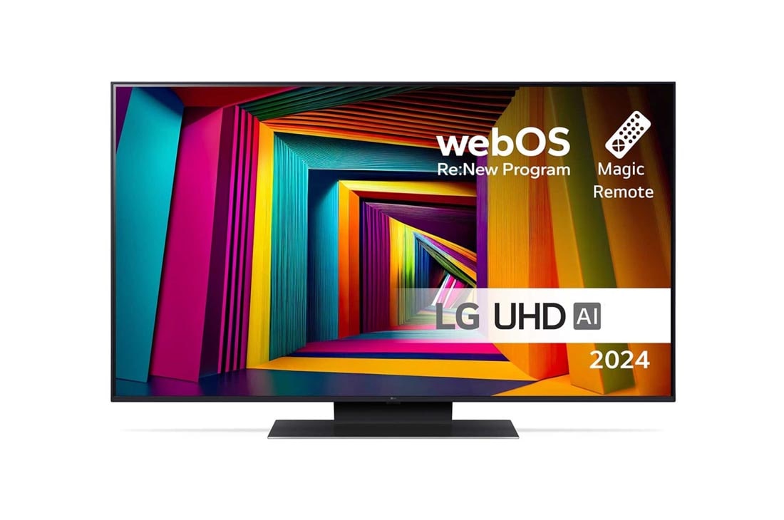 LG 50'' UHD AI UT91 - 4K TV (2024), Edest? otettu kuva LG UHD TV, UT91 -televisiosta ja teksti LG UHD AI ThinQ, 2024 sek? webOS Re:New Program -logo n?yt?ll?, 50UT91006LA