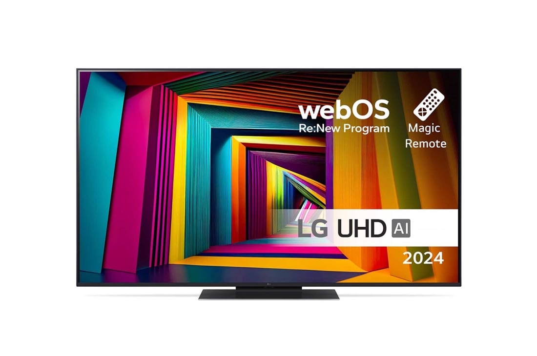 LG 55'' UHD AI UT91 - 4K TV (2024), Edest? otettu kuva LG UHD TV, UT91 -televisiosta ja teksti LG UHD AI ThinQ, 2024 sek? webOS Re:New Program -logo n?yt?ll?, 55UT91006LA