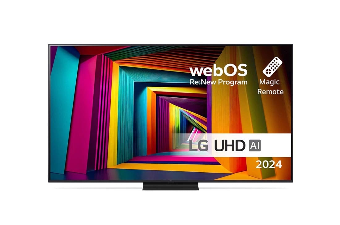 LG 65'' UHD AI UT91 - 4K TV (2024), Edest? otettu kuva LG UHD TV, UT91 -televisiosta ja teksti LG UHD AI ThinQ, 2024 sek? webOS Re:New Program -logo n?yt?ll?, 65UT91006LA