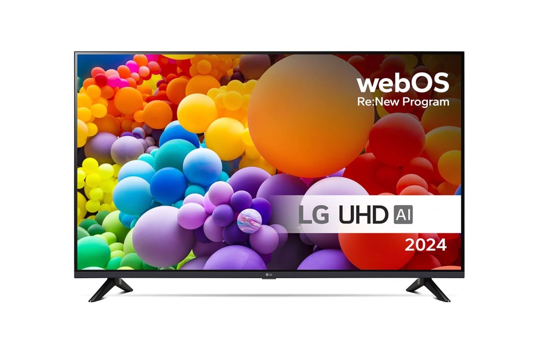 LG 50'' UHD AI UT73 - 4K TV (2024), Edest? otettu kuva LG UHD TV, UT73 -televisiosta ja teksti LG UHD AI ThinQ, 2024 sek? webOS Re:New Program -logo n?yt?ll?, 50UT73006LA