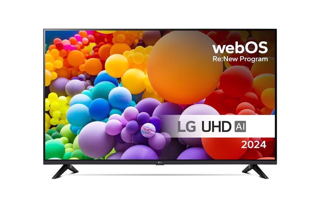 LG 43'' UHD AI UT73 - 4K TV (2024), Edest? otettu kuva LG UHD TV, UT73 -televisiosta ja teksti LG UHD AI ThinQ, 2024 sek? webOS Re:New Program -logo n?yt?ll?, 43UT73006LA