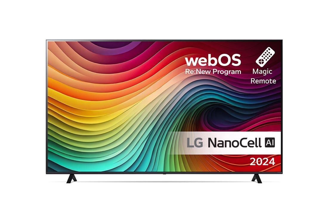 LG 75'' NANO 81 - NanoCell AI 4K Smart TV (2024), LG NanoCell TV:n etun?kym?, NANO81, jossa on teksti LG NanoCell, 2024, webOS Re:New Program -logo ja Magic Remote -kaukos??din n?yt?ll?, 75NANO81T6A