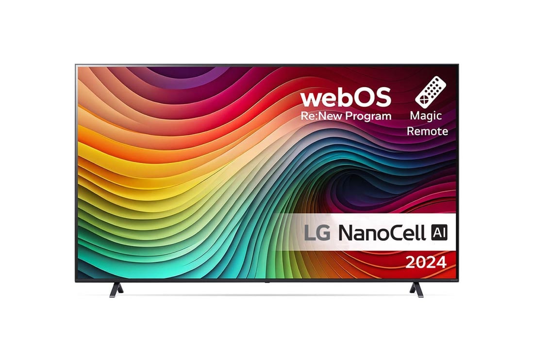 LG 86'' NANO 81 - NanoCell AI 4K Smart TV (2024), LG NanoCell TV:n etun?kym?, NANO81, jossa on teksti LG NanoCell, 2024, webOS Re:New Program -logo ja Magic Remote -kaukos??din n?yt?ll?, 86NANO81T6A